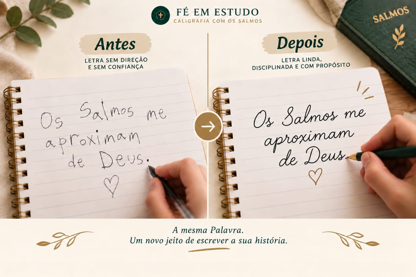 Antes e depois: a mesma frase dos Salmos escrita à mão, de traço hesitante a traço firme